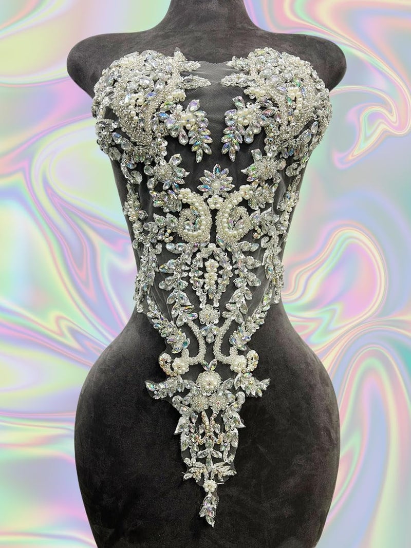 ArtistryXB Handmade Rhinestones Lace Bodice Applique Sew on Beads Sequins Trimming Patches for Dress Clothing Accessories 1Pcs/Bag (Clear AB) - Image 2